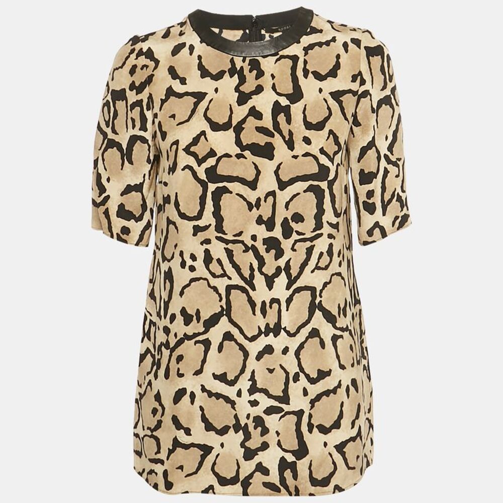 Gucci Brown Animal Print Silk Leather Collar Blouse S
